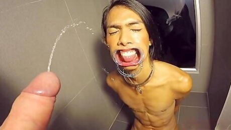 Ladyboy Cat Gives Blowjob After Getting Pissed On