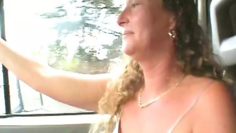 Fat German woman eating cum in the car