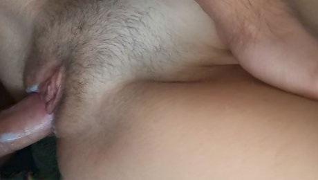 TEEN PUSSY CLOSE-UP, white pussy juice appears on dick