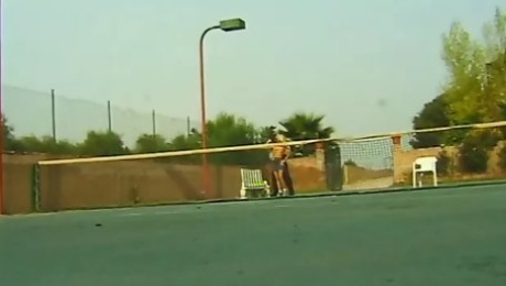 Hungry blonde slut rides cock on the tennis court like a real cowgirl