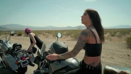 busty bikers anna bell peaks and felicity feline refreshing on the road